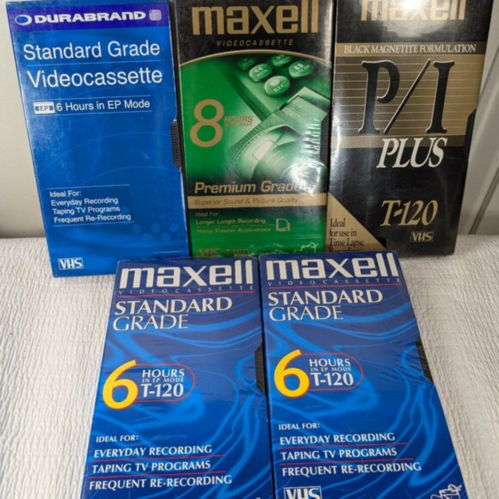 Set 5 blank VHS cassette tapes recordable Maxell P/I Plus T-120 Premium‎ T-160